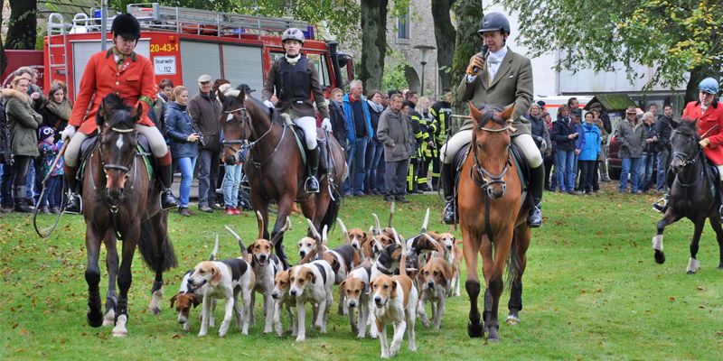 Rote Röcke auf der Jagd: Halali und Horrido heißt es am 15. Oktober bei der großen Hubertusjagd in Neuhaus im Solling